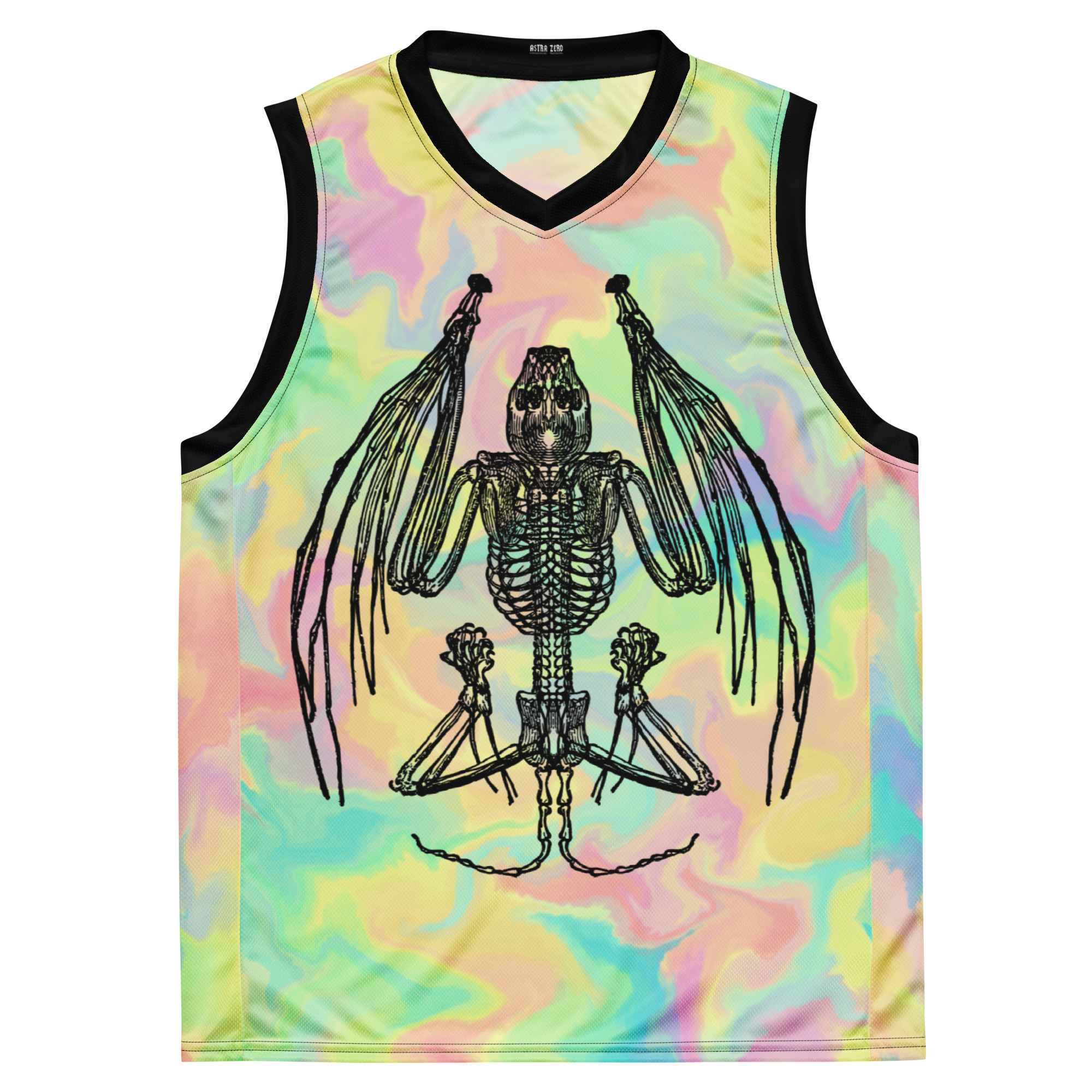 Featured image for “Bat Skeleton Pastel Yellow Rainbow - Recycled unisex basketball jersey”
